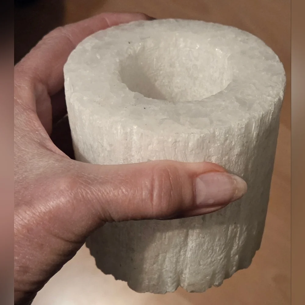 Selenite Crystal Candle Holder Hand Carved Pillar 3.5 x 3.25
